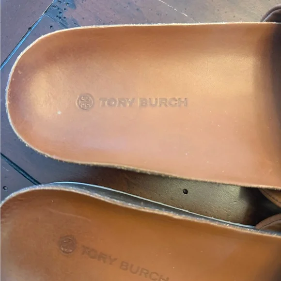 Tory Burch Tan Leather Slide Sandals with White Stripes - Picture 6 of 8